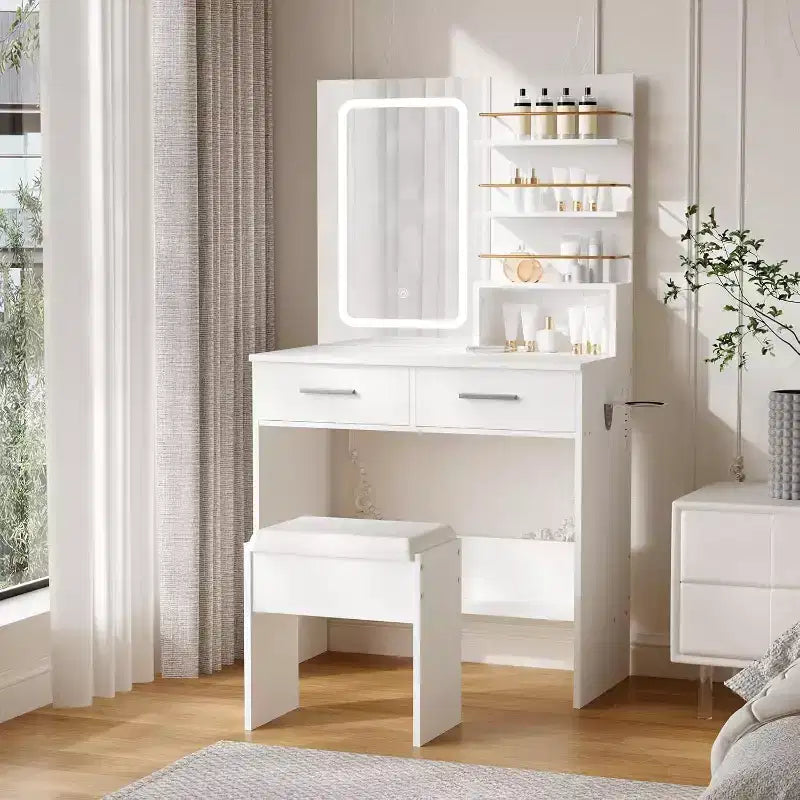 Vanity Desk Set with LED Mirror, Drawers, Shelves, Cabinet, and Cushioned Stool