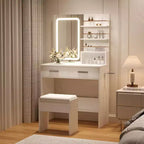 Vanity Desk Set with LED Mirror, Drawers, Shelves, Cabinet, and Cushioned Stool
