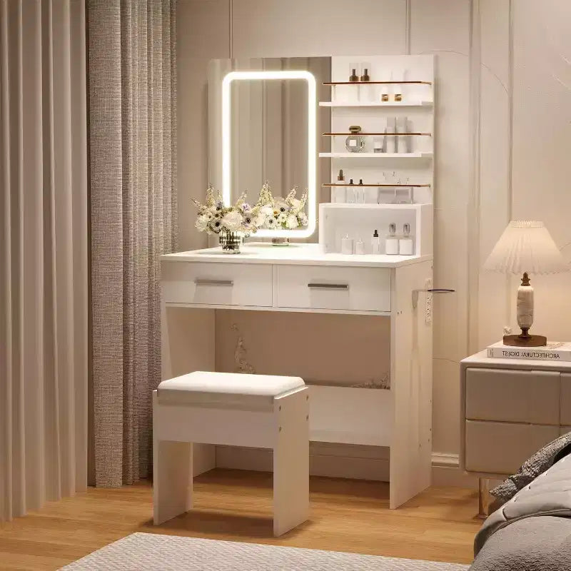 Vanity Desk Set with LED Mirror, Drawers, Shelves, Cabinet, and Cushioned Stool