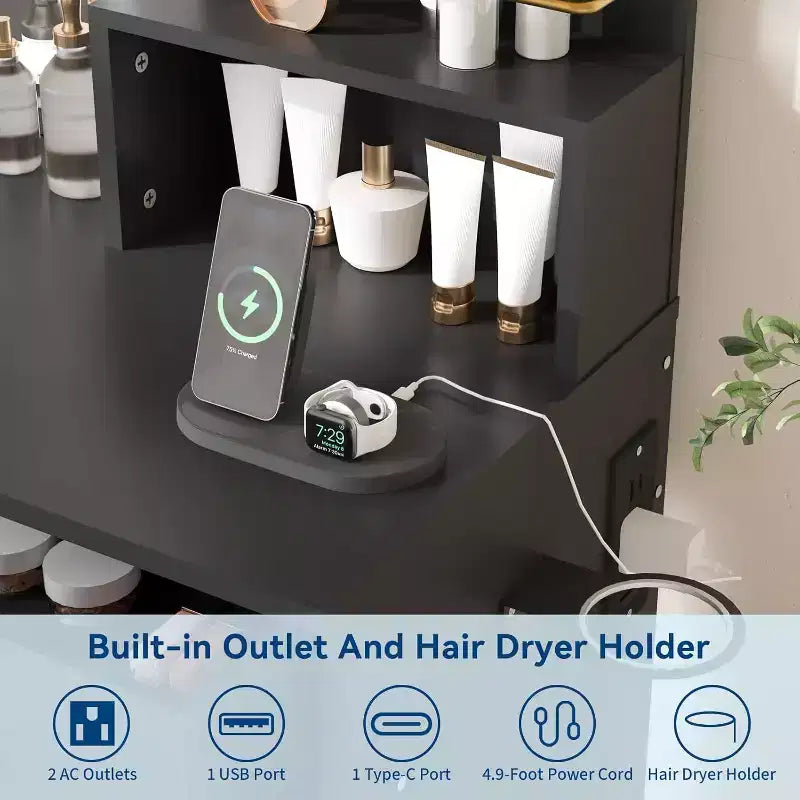 Vanity Desk Set with LED Mirror, Drawers, Shelves, Cabinet, and Cushioned Stool