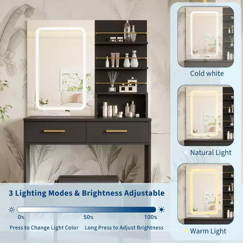 Vanity Desk Set with LED Mirror, Drawers, Shelves, Cabinet, and Cushioned Stool