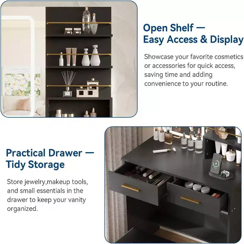 Vanity Desk Set with LED Mirror, Drawers, Shelves, Cabinet, and Cushioned Stool