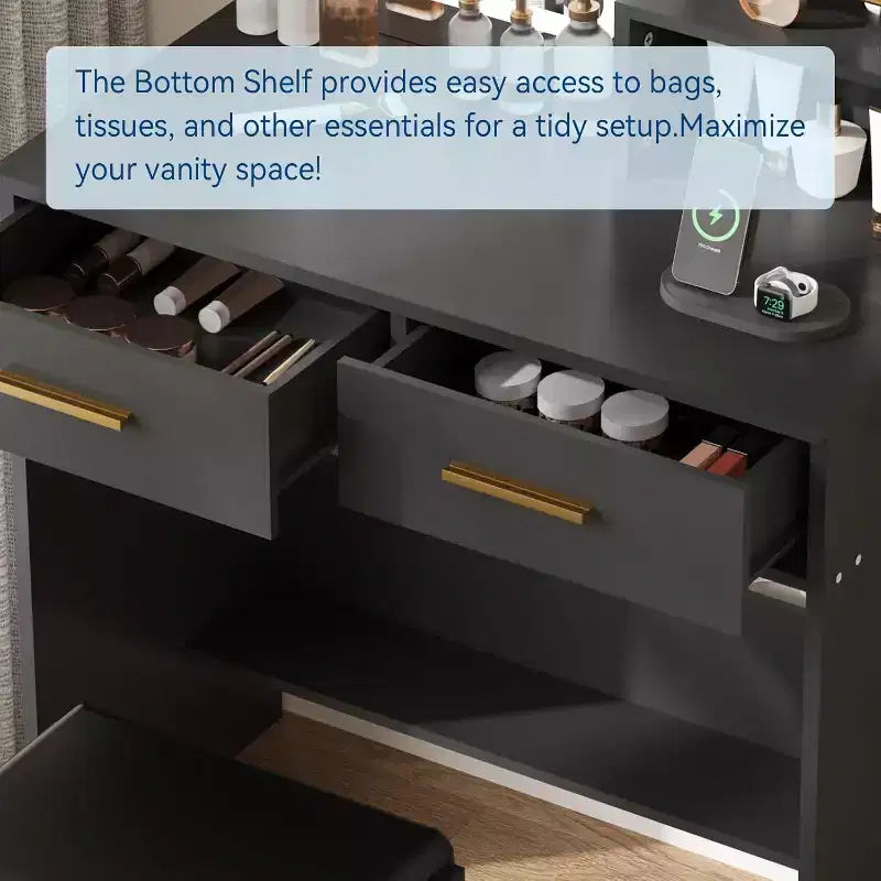 Vanity Desk Set with LED Mirror, Drawers, Shelves, Cabinet, and Cushioned Stool