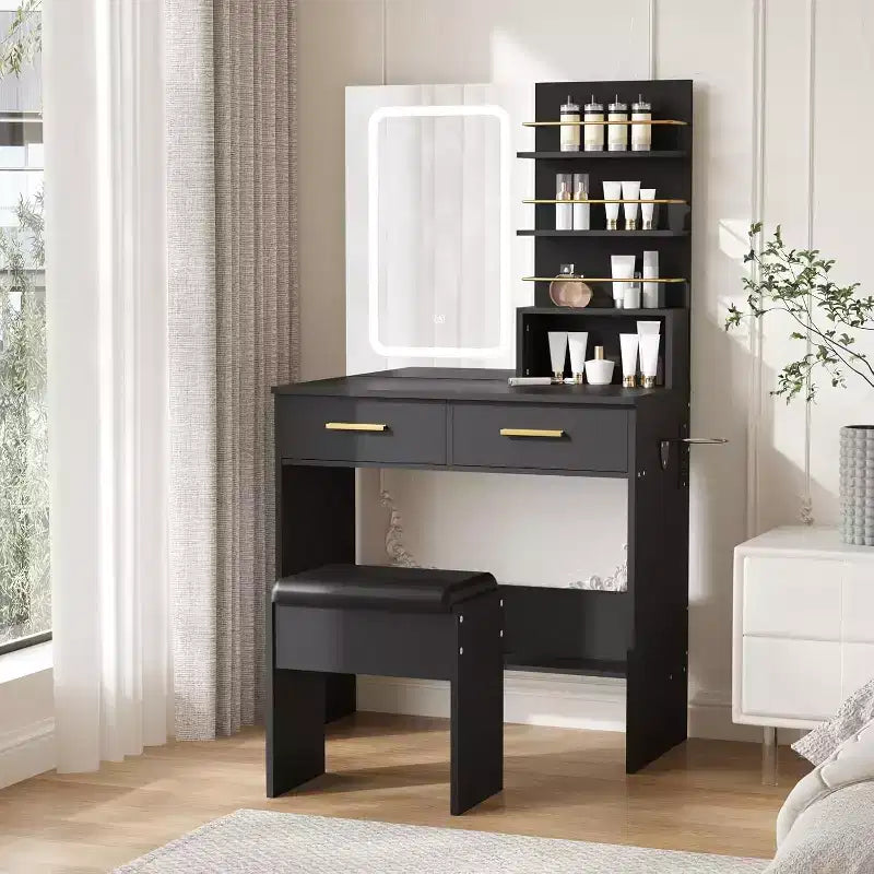 Vanity Desk Set with LED Mirror, Drawers, Shelves, Cabinet, and Cushioned Stool