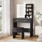 Vanity Desk Set with LED Mirror, Drawers, Shelves, Cabinet, and Cushioned Stool