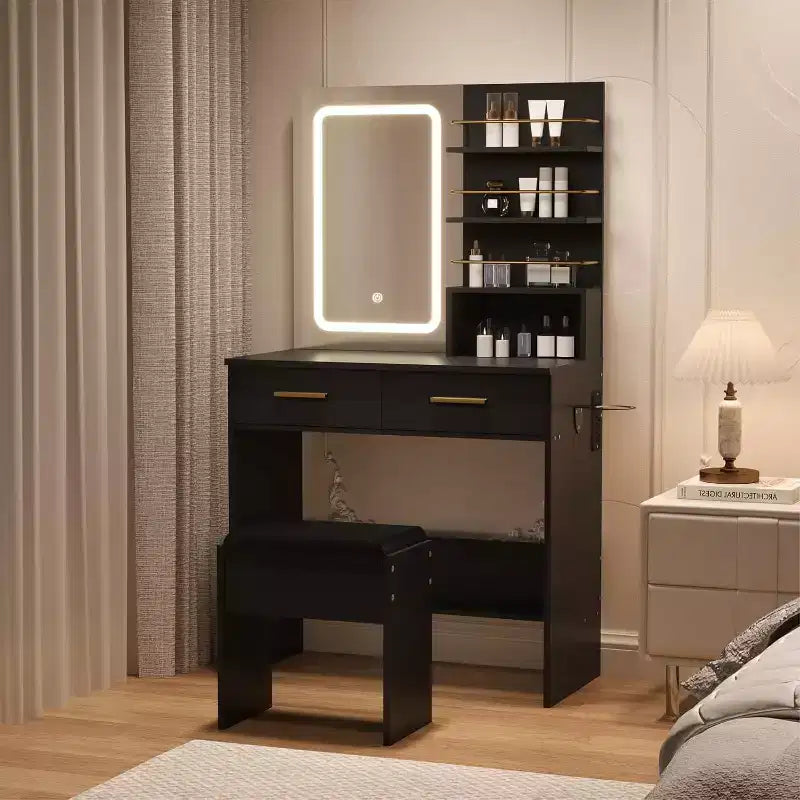 Vanity Desk Set with LED Mirror, Drawers, Shelves, Cabinet, and Cushioned Stool