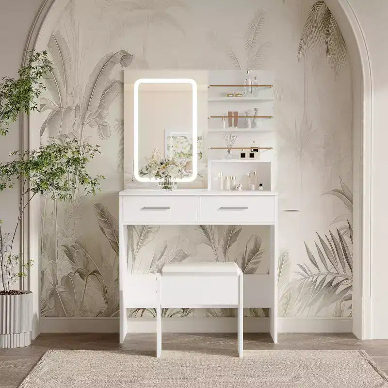 Vanity Desk Set with LED Mirror, Drawers, Shelves, Cabinet, and Cushioned Stool
