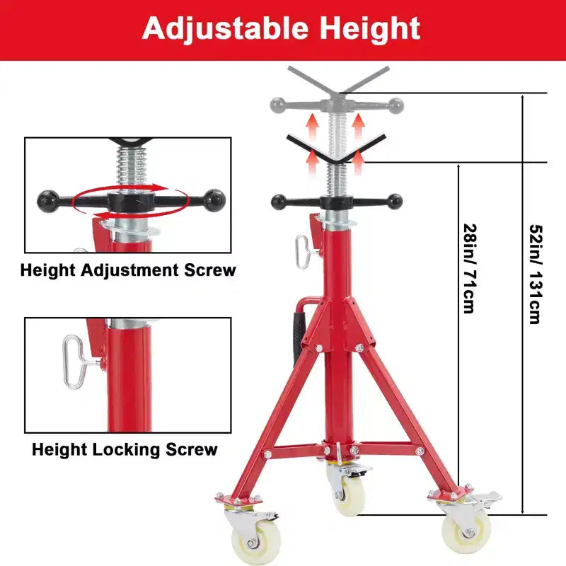 Adjustable Pipe Jack Stand with Locking Casters, 28–52 Inch Height, V-Head, Folding Tripod Base
