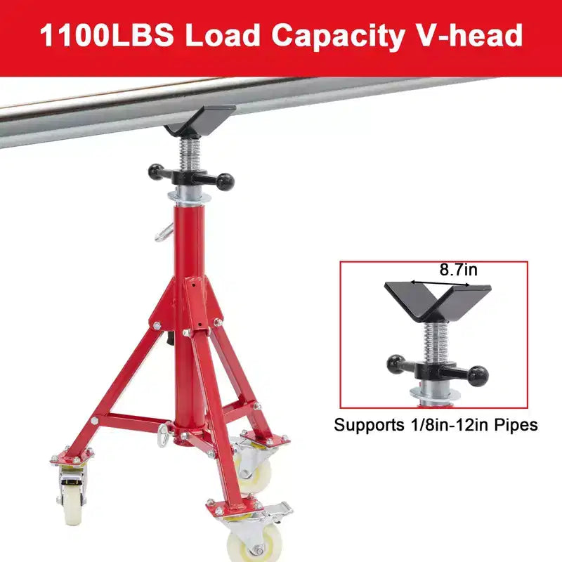 Adjustable Pipe Jack Stand with Locking Casters, 28–52 Inch Height, V-Head, Folding Tripod Base