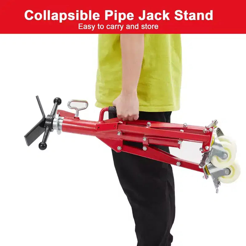 Adjustable Pipe Jack Stand with Locking Casters, 28–52 Inch Height, V-Head, Folding Tripod Base