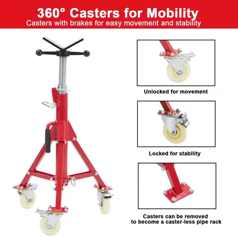 Adjustable Pipe Jack Stand with Locking Casters, 28–52 Inch Height, V-Head, Folding Tripod Base