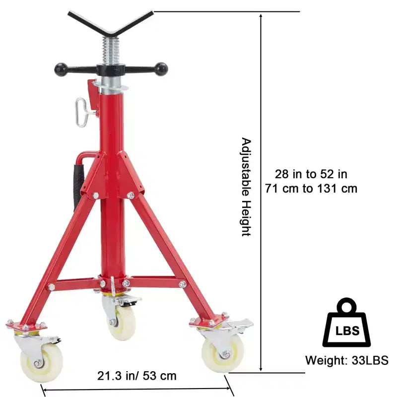 Adjustable Pipe Jack Stand with Locking Casters, 28–52 Inch Height, V-Head, Folding Tripod Base