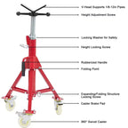 Adjustable Pipe Jack Stand with Locking Casters, 28–52 Inch Height, V-Head, Folding Tripod Base