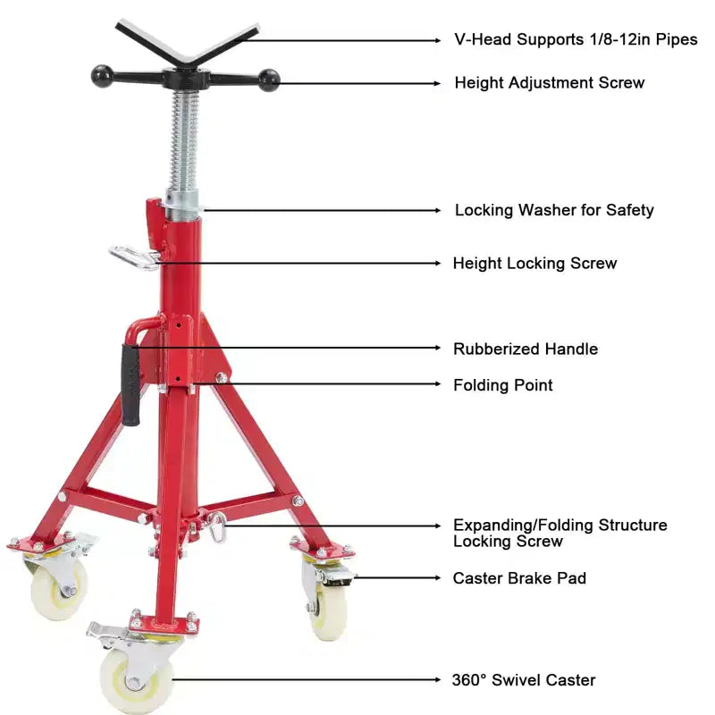 Adjustable Pipe Jack Stand with Locking Casters, 28–52 Inch Height, V-Head, Folding Tripod Base