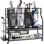 COZONY Golf Bag Storage Garage Organizer, Holds 4 Golf Bags, Clubs & Accessories, with 4 Wheels, Drawers for Shoes & Equipment  Ideal for Garage