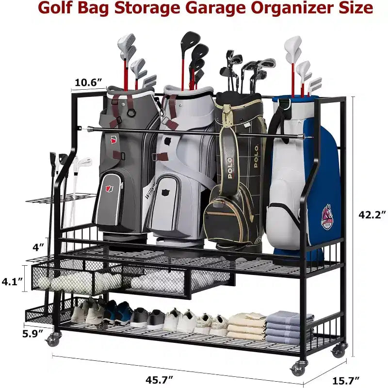 Golf Bag Storage Rack with Wheels and Drawers