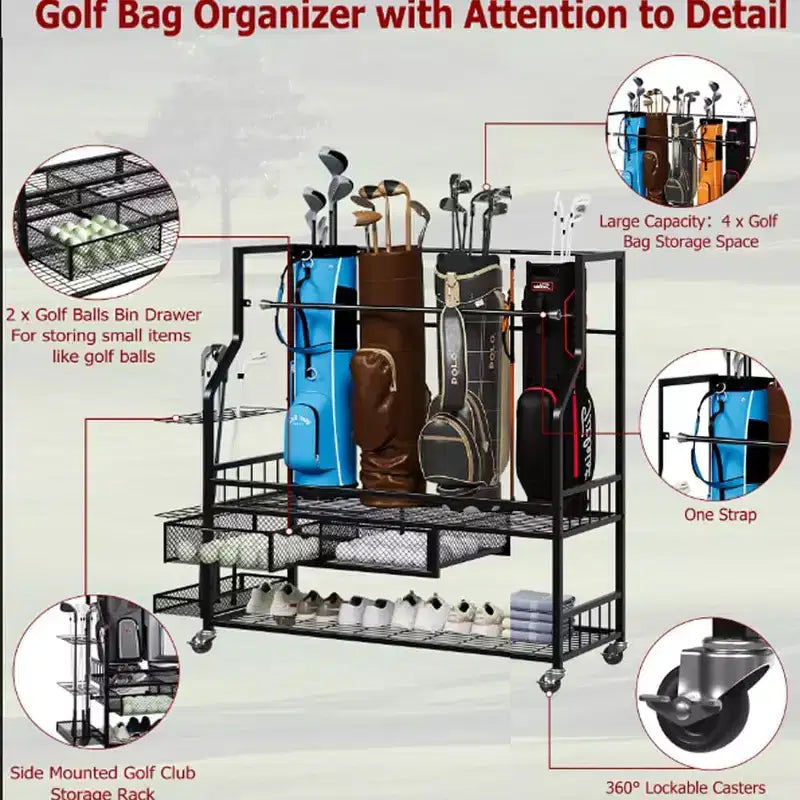 Golf Bag Storage Rack with Wheels and Drawers
