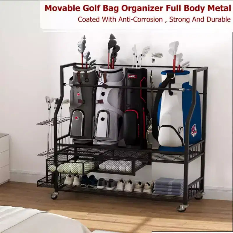 Golf Bag Storage Rack with Wheels and Drawers