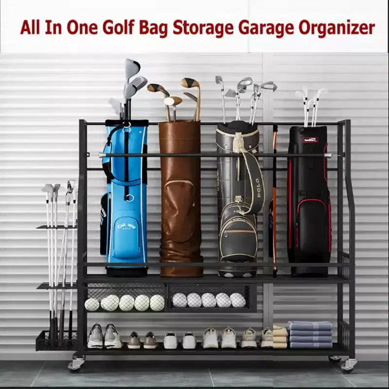Golf Bag Storage Rack with Wheels and Drawers