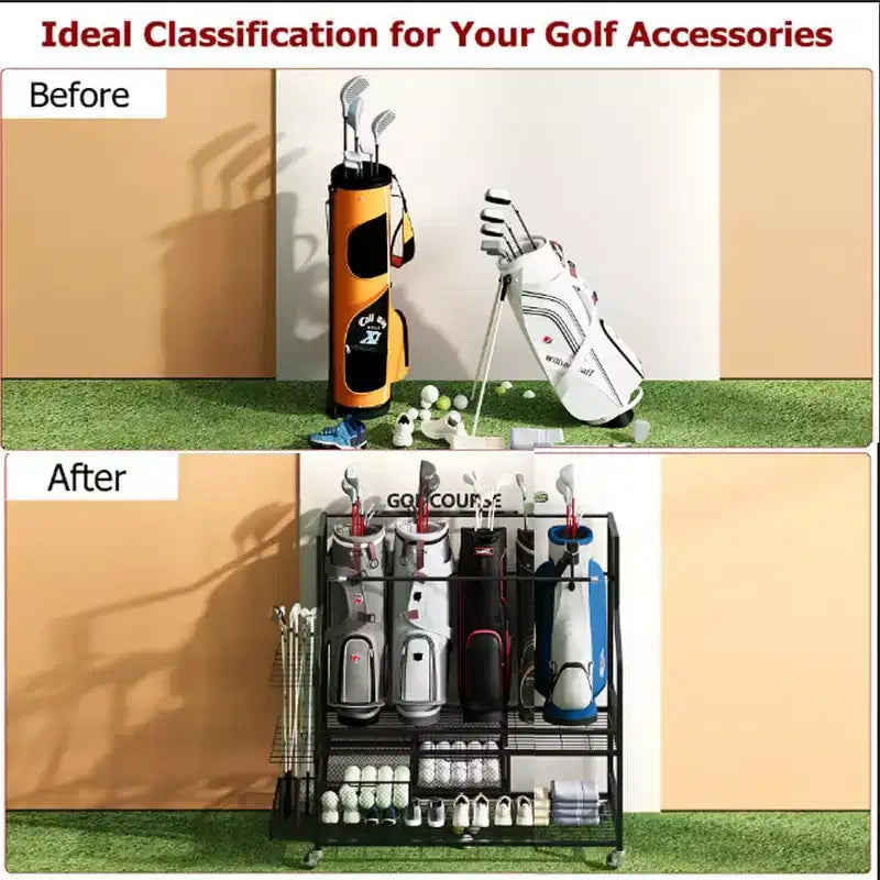 Golf Bag Storage Rack with Wheels and Drawers
