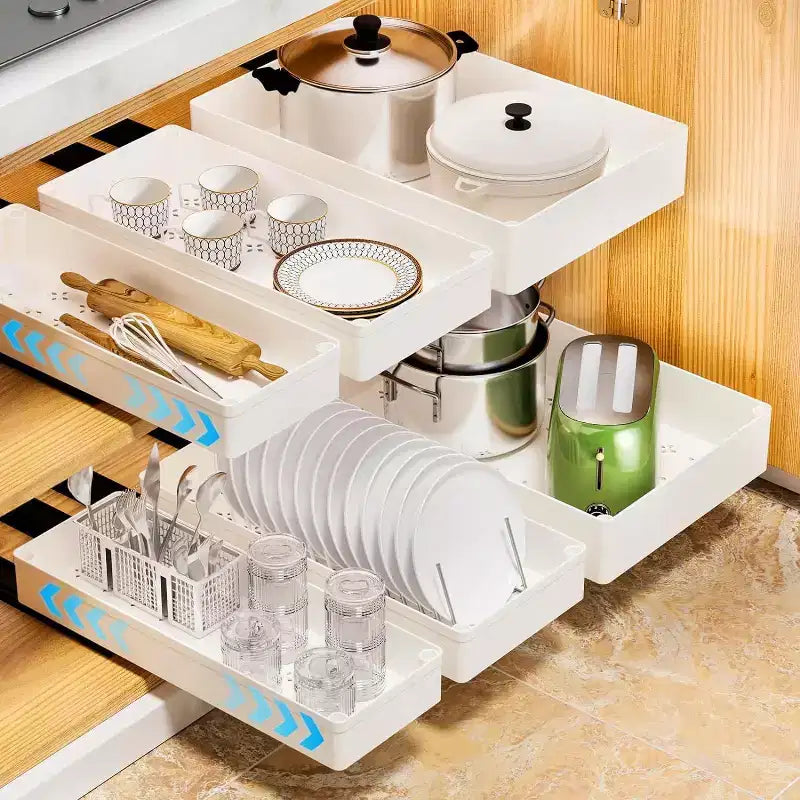 Pull Out Cabinet Organizer with Adhesive Mounting, Slide Out Drawer for Kitchen and Bathroom Storage, No Drill Required