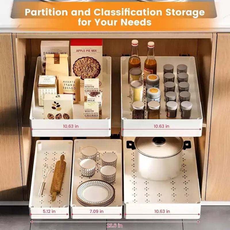 Pull Out Cabinet Organizer with Adhesive Mounting, Slide Out Drawer for Kitchen and Bathroom Storage, No Drill Required