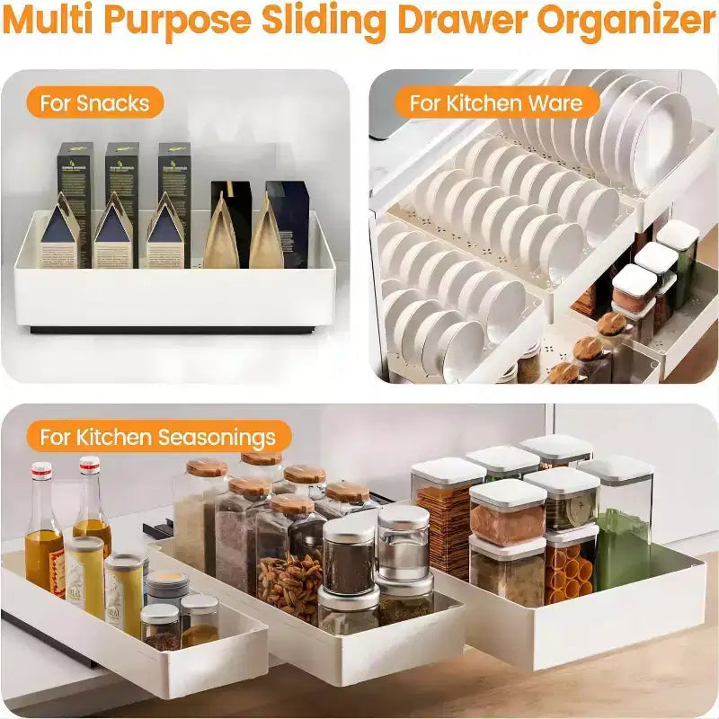 Pull Out Cabinet Organizer with Adhesive Mounting, Slide Out Drawer for Kitchen and Bathroom Storage, No Drill Required