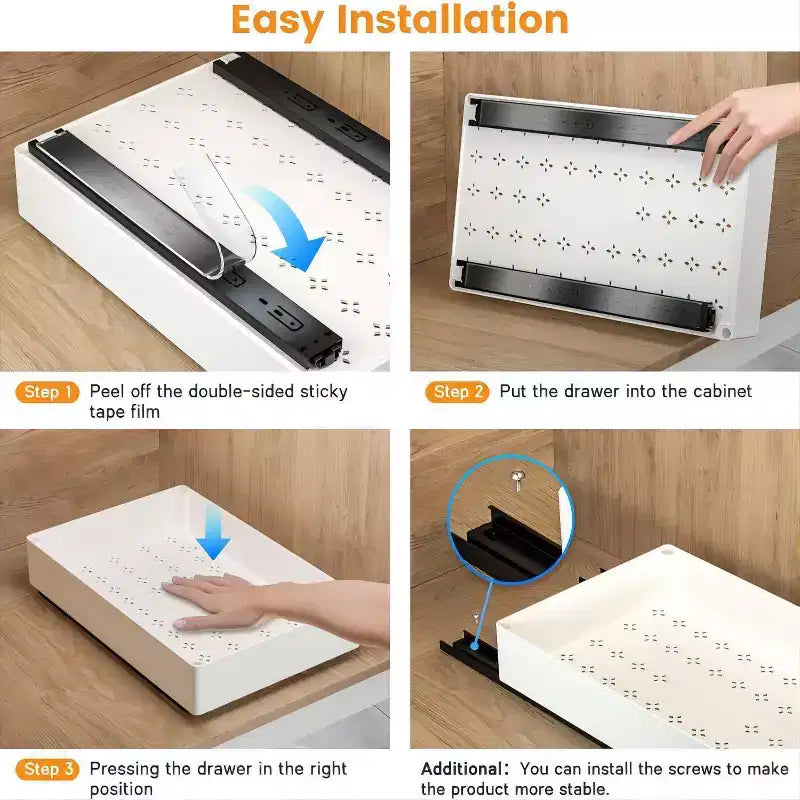 Pull Out Cabinet Organizer with Adhesive Mounting, Slide Out Drawer for Kitchen and Bathroom Storage, No Drill Required