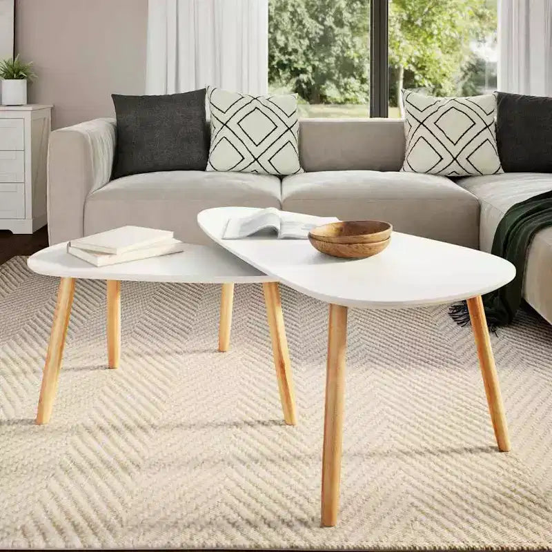 Oval Coffee Table Set of 2, White Wood Top with Brown 3-Leg Base