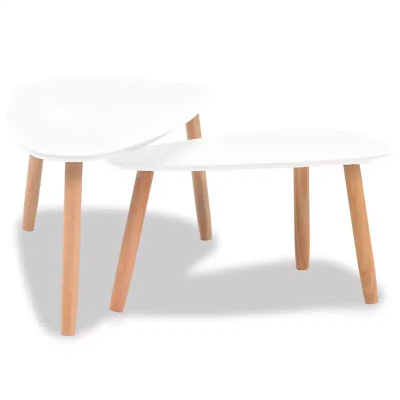 Oval Coffee Table Set of 2, White Wood Top with Brown 3-Leg Base