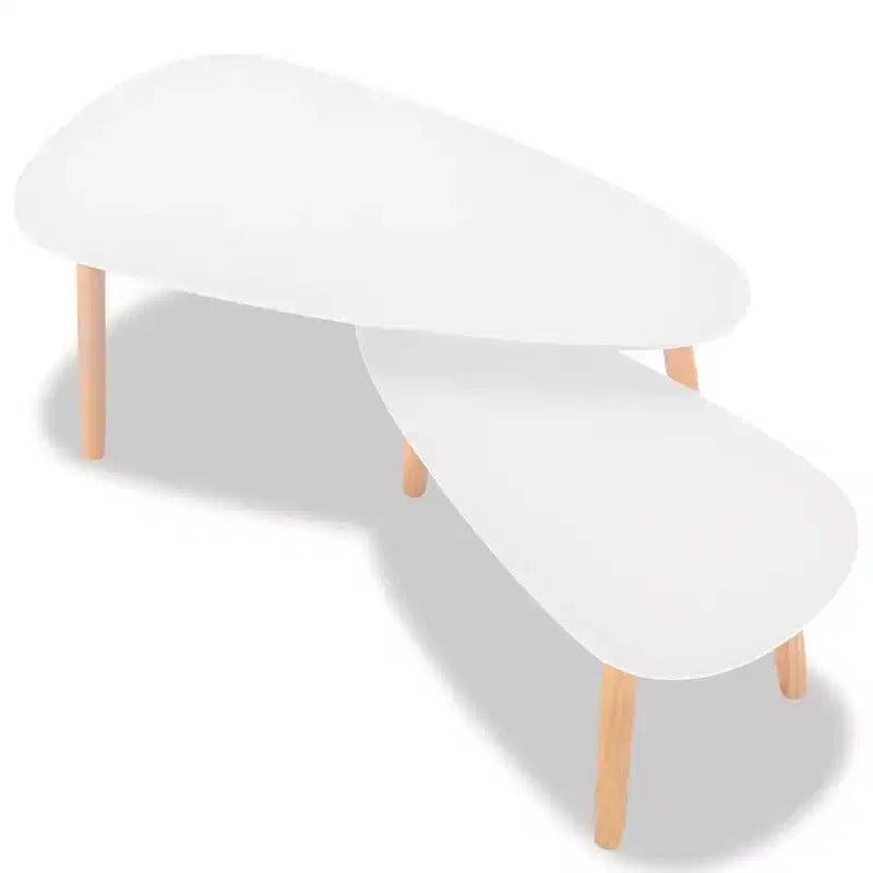Oval Coffee Table Set of 2, White Wood Top with Brown 3-Leg Base