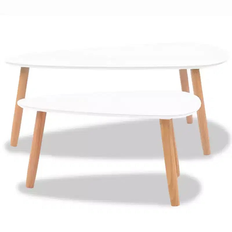 Oval Coffee Table Set of 2, White Wood Top with Brown 3-Leg Base